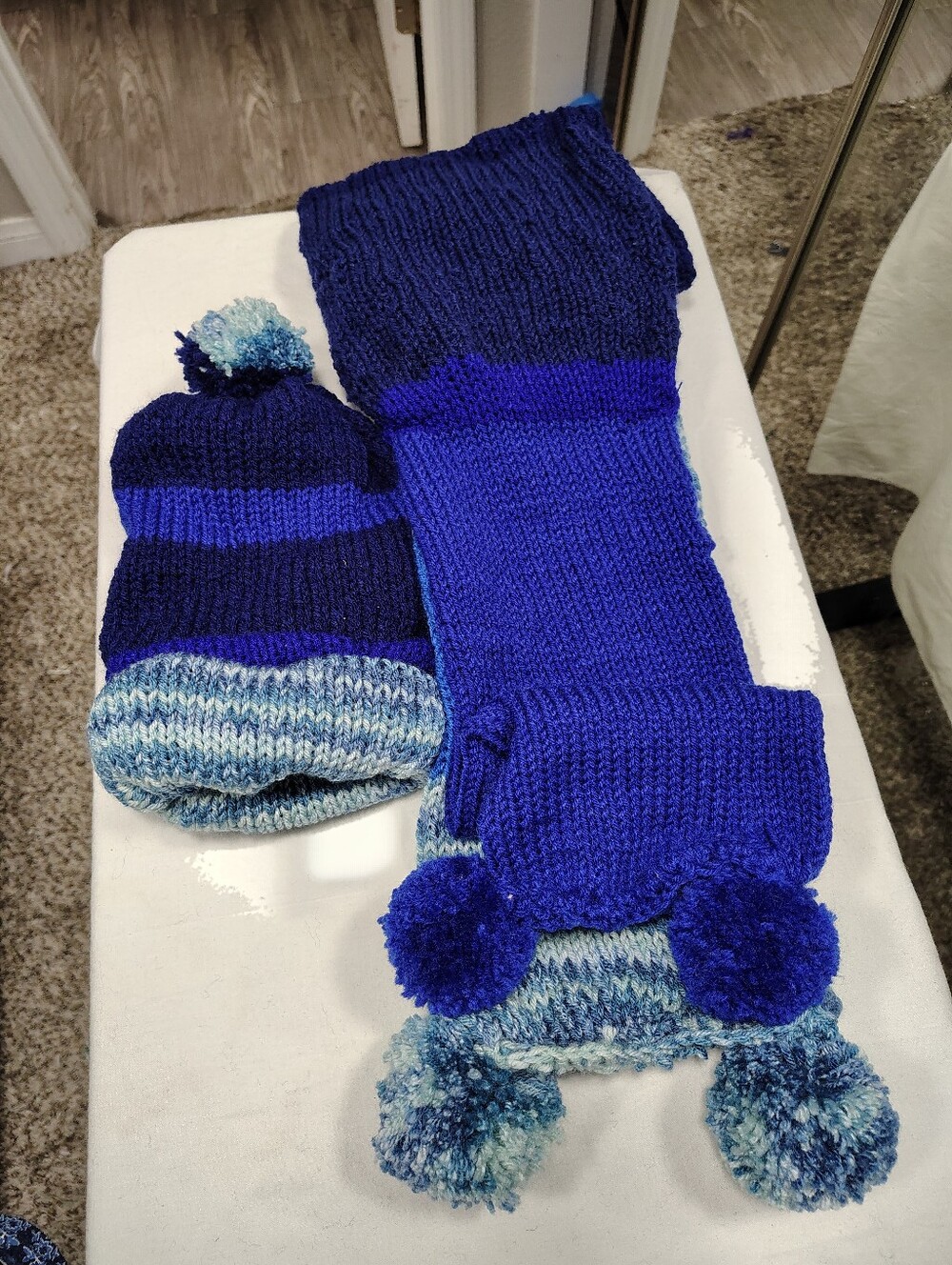 Cozy Women's Blue Knit Hat and Scarf Set - Pom-Pom Winter Accessory